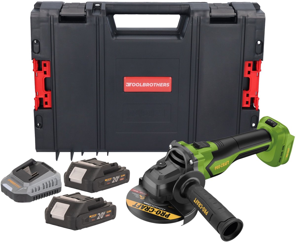 Procraft PGA22-BB accu haakse slijper 20 V 125 mm borstelloos + 2x accu 2,0 Ah + oplader + RHINO gereedschapskoffer