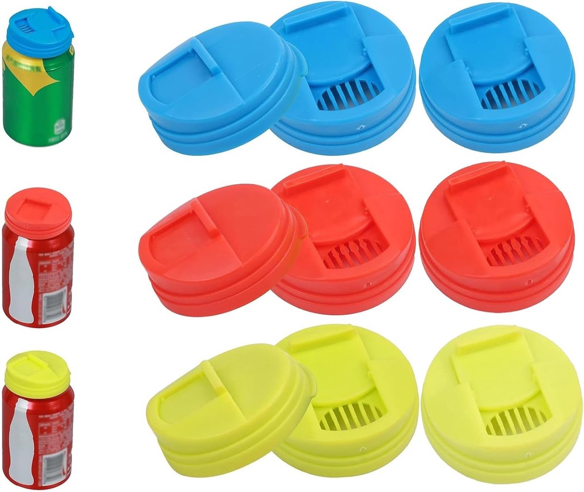 Herbruikbare en lekvrije deksels voor drankblikken, ideaal voor bier en frisdrank, verkrijgbaar in verschillende kleuren (rood, blauw, geel)