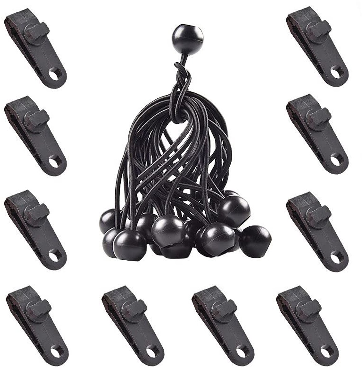Dailygoody - Tarp Clips - Tentbevestigingsclips - Verstelbaar - Zwart - Bungee Koord Clip - Geschikt voor Zwembadafdekking - 20 Stuks