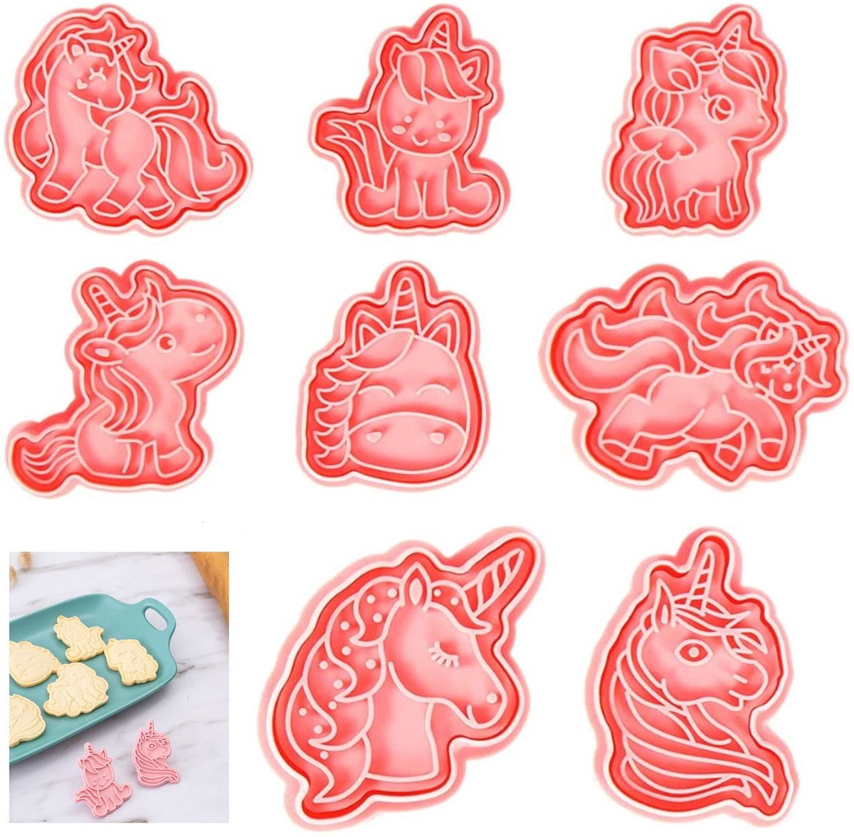 Dailygoody - Eenhoorn koekjessnijder - 3D uitsteekvormen - Roze - Koekjesvormen voor kinderen - Perfect voor kerst en feesten - 8 stuks