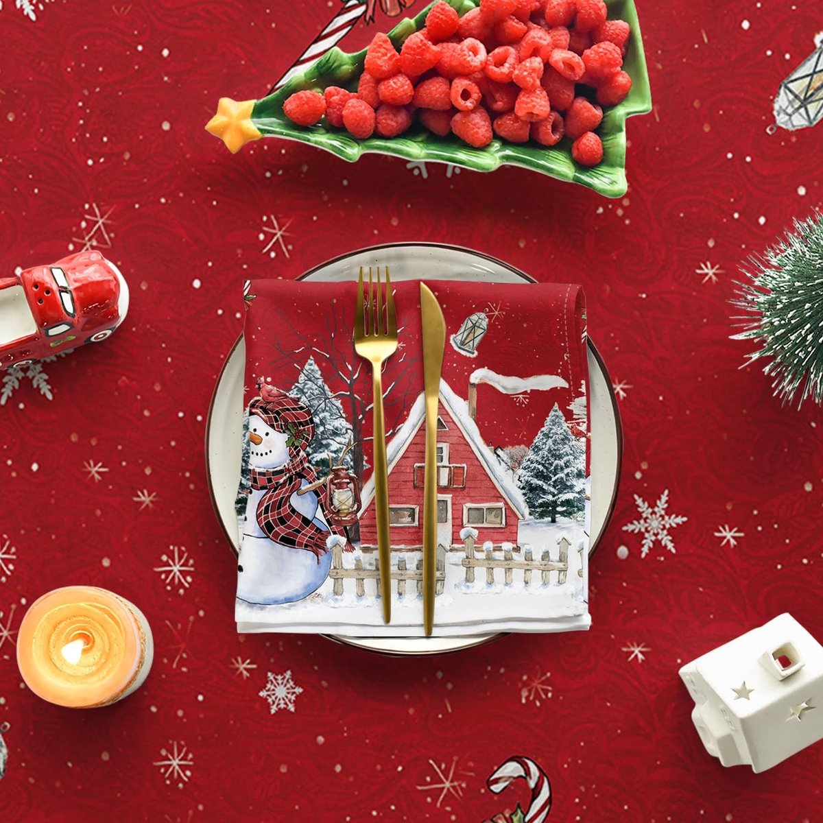 Dailygoody - Tafelkleed - Kersttafelkleed - Vlekbescherming - Rood - Winterdecoratie - Sneeuwman - Geschikt voor Eettafel - 140 x 160 cm