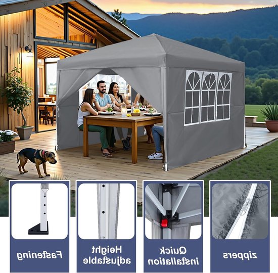 Vouwgazebo 3 x 3 m met 4 Zijpanelen - Tuin Tent voor Feesten, Waterdicht en UV-Bescherming, Verstelbare Hoogte in Lichtgrijs — afbeelding 2