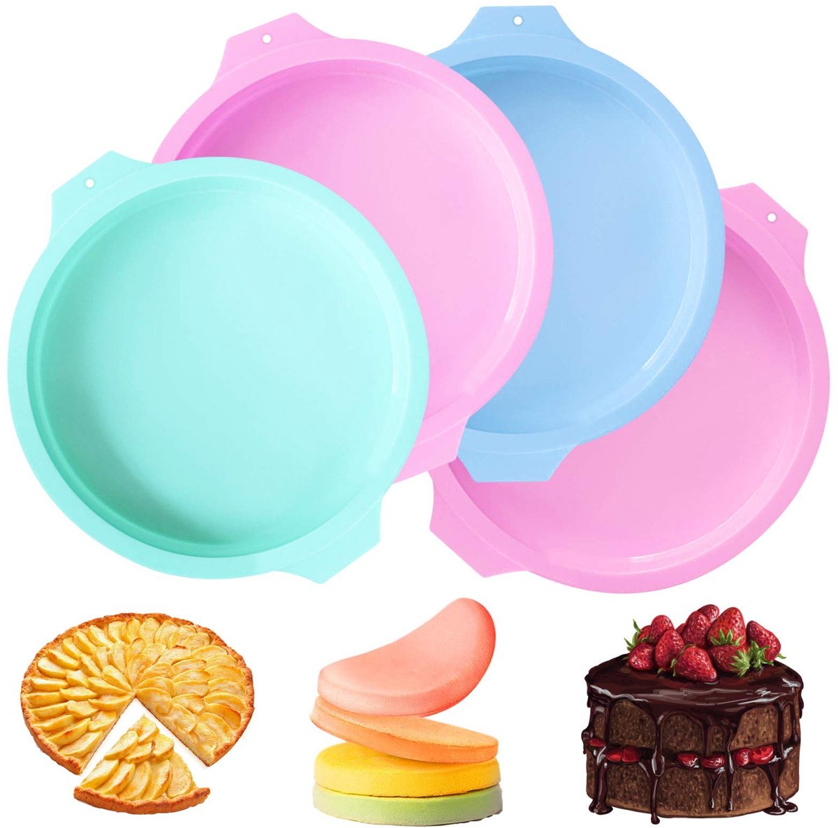 Dailygoods - Dailygoody - Siliconen Bakvorm Rond - 4 Stuks - Antiaanbaklaag - Roze Blauw Groen - Taartvormen voor Bakken - Geschikt voor Verjaardagen Feesten