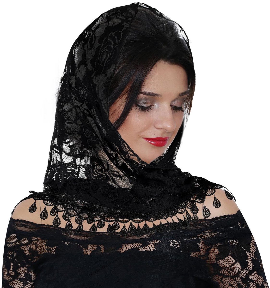 Dailygoody - Driehoek Sluier - Bruidsaccessoires - Elegante Kant Hoofdbedekking - Zwart of Wit - Sjaal voor Feest - Geschikt voor Dames - 50 x 50 cm