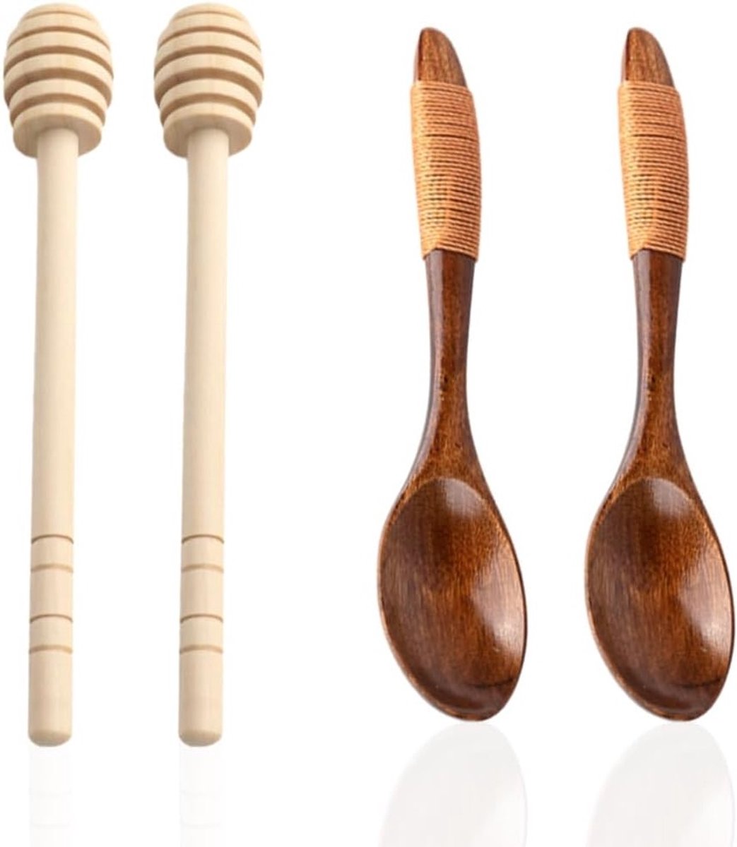 Set van 4 Houten Honinglepels van 14cm en 15cm - Ideaal voor Honing, Siropen en Mixen