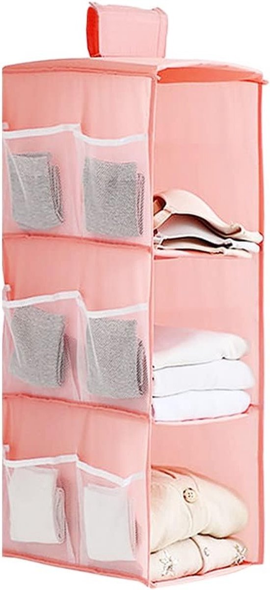 Hangkast Organiser met 3 Compartimenten en 9 Mesh Vakken voor Kleding, Opbergruimte en Ruimtebesparing, Vouwbaar en Universele Pasvorm, 30 x 22.5 x 60 cm (Roze)