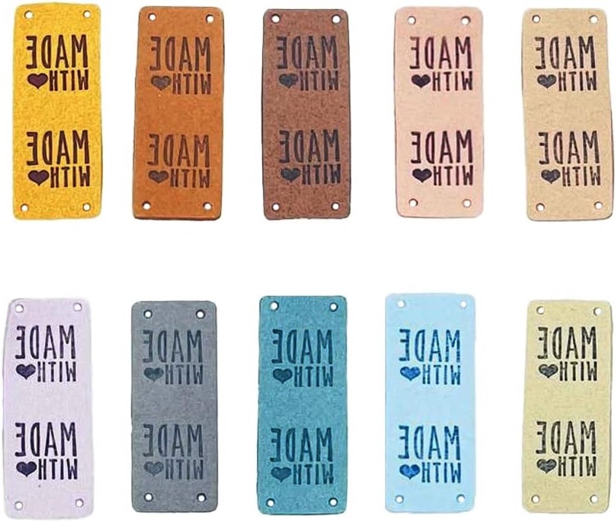 Handgemaakte PU Leren Labels met Gaten - 50 Stuks Embossed Labels voor Kleding, Tassen en DIY Projecten