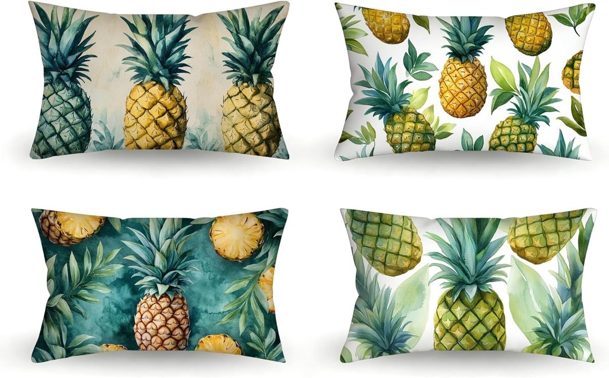 Buitenkussen ananas 50 x 90 cm, waterdicht linnen, set van 4, perfecte lentedecoratie voor tuin en balkon