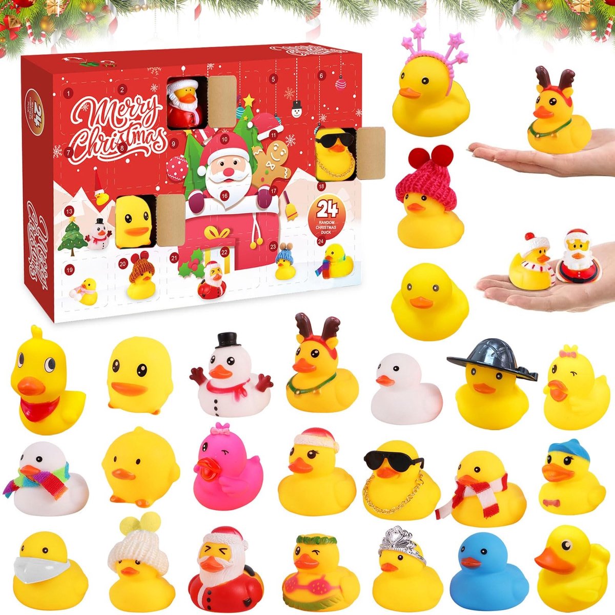 Dailygoods - Dailygoody - Adventskalender baby - Kerstkalender 2024 - Grappige mini-eenden - 29,1 x 19,8 x 6,3 cm - Adventskalender figuren - Geschikt voor kindere...