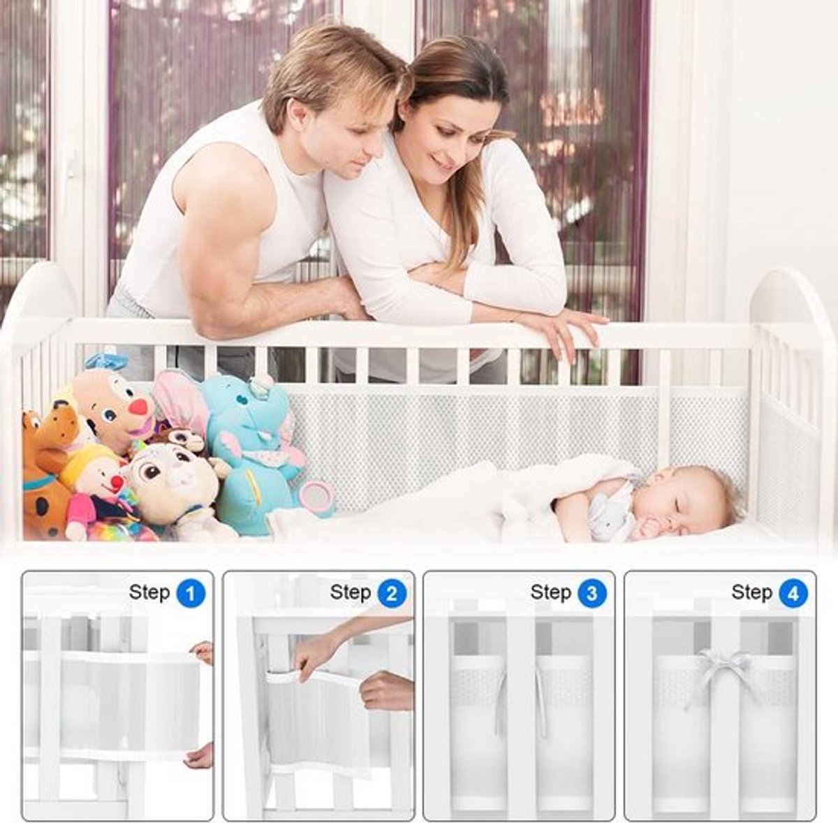 Baby Bedomrander Set - Set Van 2 - Bedbumper - Bed Zijbeschermers - Anti Stootrand - Ademende Mesh - Babyveiligheid - Hoofdbeschermer - Omrander Voor In Ledikant - 320x27cm & 150x27cm - Wit – foto 6