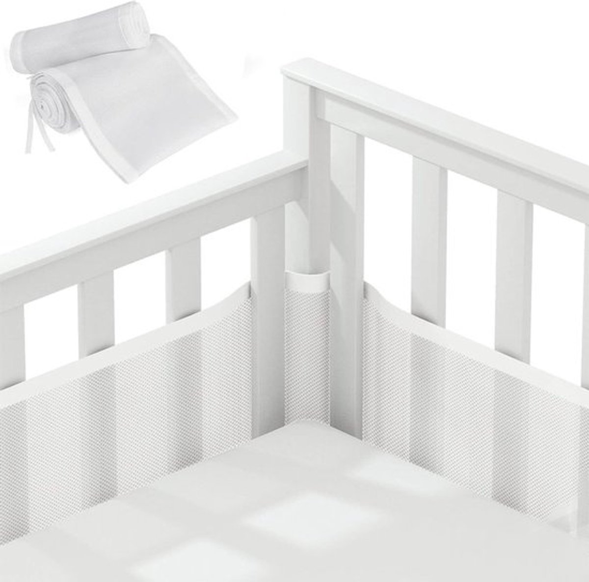 Baby Bedomrander Set - Set Van 2 - Bedbumper - Bed Zijbeschermers - Anti Stootrand - Ademende Mesh - Babyveiligheid - Hoofdbeschermer - Omrander Voor In Ledikant - 320x27cm & 150x27cm - Wit