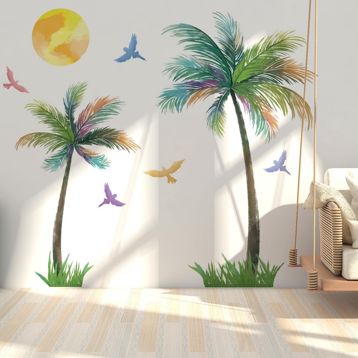 Dailygoody - Grote palmboom muurstickers - Muurdecoratie - Kleurrijke vogels - Tropische planten - Geschikt voor woonkamer en kinderkamer