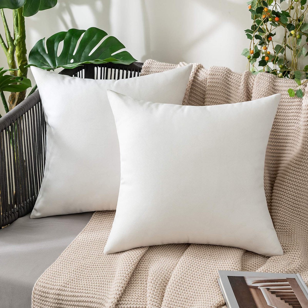 Dailygoody - Kussenhoezen - Waterdicht polyester - Effen linnenlook - Wit - Voor buiten en binnen - 40 x 40 cm - Set van 2