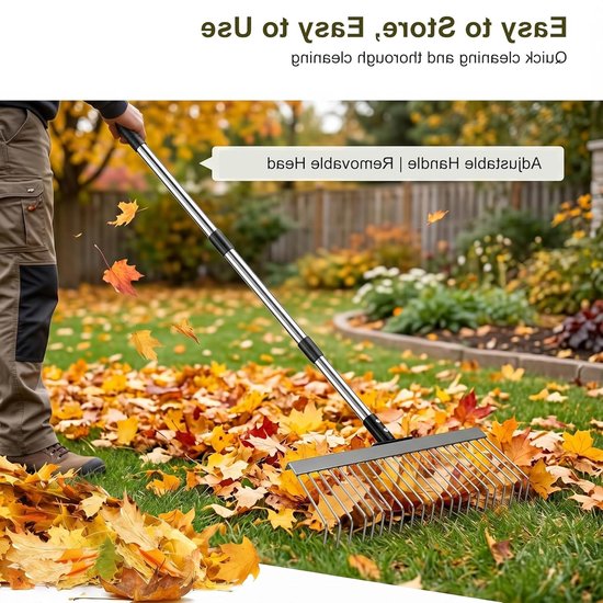 Verstelbare bladhark met ergonomische telescoopsteel, ideaal voor gazon, bloembedden en mulch, 21 tanden, 53-160 cm breedte — afbeelding 4