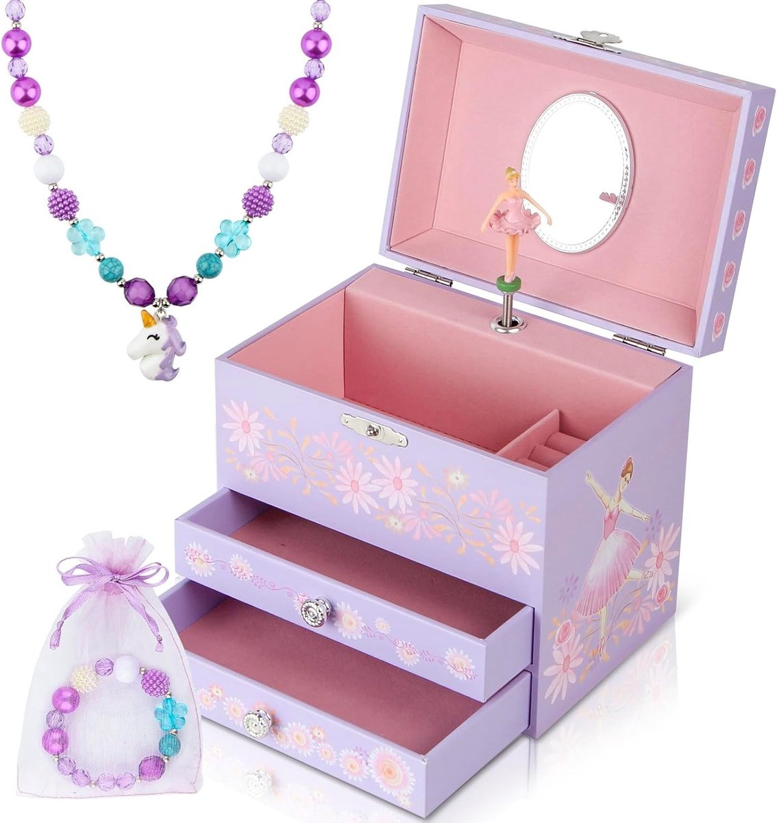 Ballerina Muziekdoos voor Meisjes met 2 Uittrekbare Lades, Perfect Sieraden Cadeau voor Kinderen van 3-10 Jaar