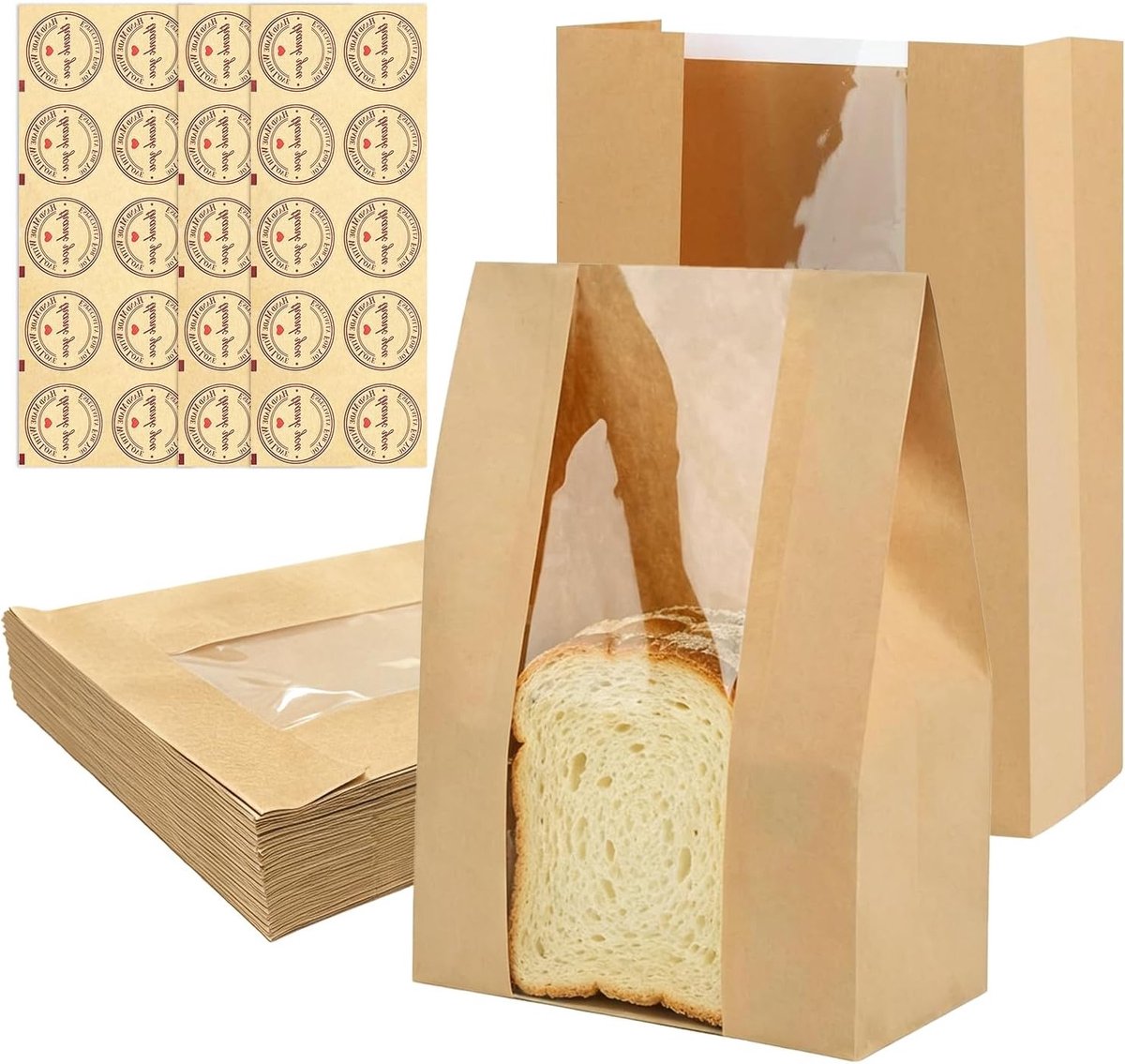 30 stuks papieren broodzakken met venster voor zuurdesembrood, koekjes en snacks, vetbestendig en ideaal voor bakkerijen