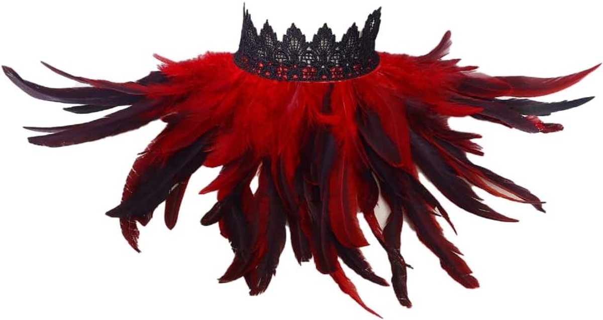 Gothic schoudercape met veren voor vrouwen - Halloween kostuum, cosplay, carnaval en feestkleding in het rood