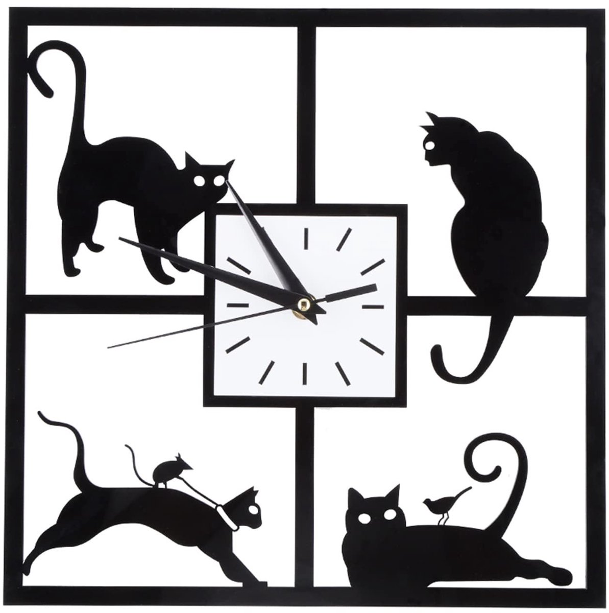 Zwarte kattenkrans wandklok, aluminium frame glazen kattenontwerp klok, moderne stille wandklok, niet-tikkende grappige wandklokken