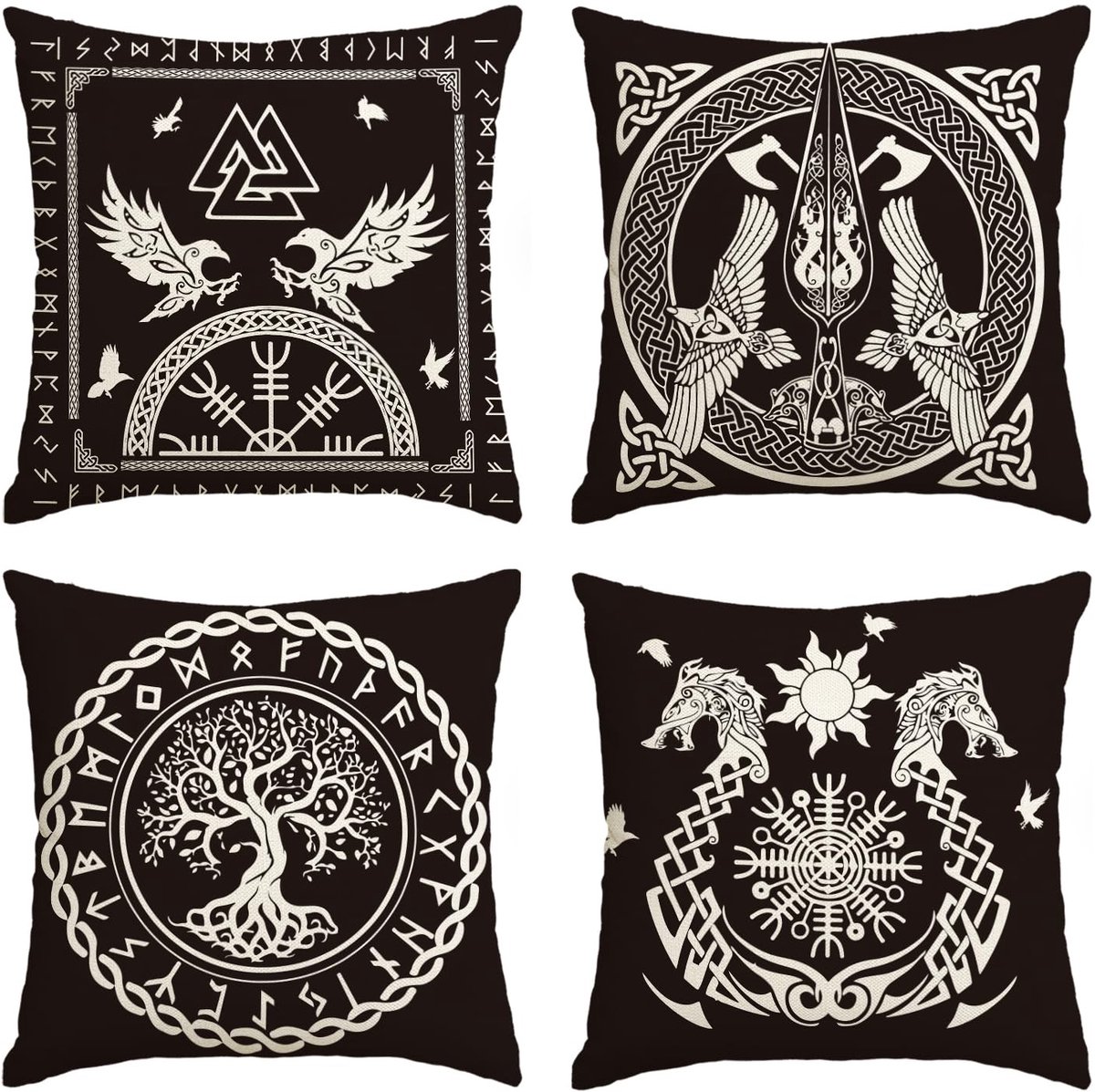 Dailygoods - Dailygoody - Decoratieve Kussenslopen - Set van 4 - 45 x 45 cm - Viking Tree of Life - Perfect voor Woonkamer en Slaapkamer