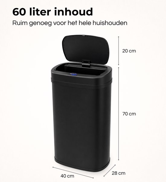 Grote zwarte sensor prullenbak van 60 liter met afmetingen: 70x40x28cm, deksel 20cm hoog.