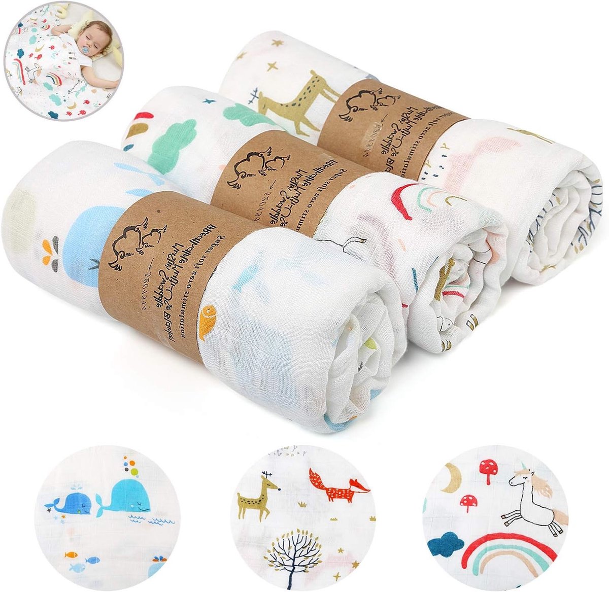 Zachte grote swaddle dekens - 3-pack katoenen muslin vierkanten, 120cm x 120cm voor baby's, perfect voor inbakeren en comfort