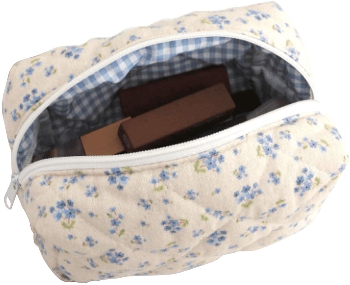 Dailygoods - Dailygoody - Schattige Make-uptas - Florale Reis-Cosmetica Tas - Compact en Lichtgewicht - Blauwe Bloemen - Ideaal voor in de Portemonnee - Duurzaam K.