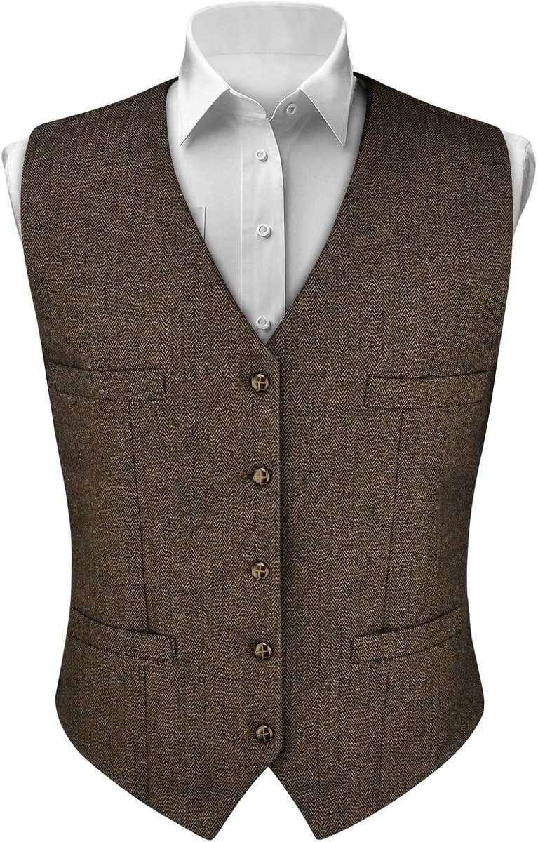 Formele Herenkostuum Mouwloze V-Hals Vest van Katoen en Tweed met Pocket voor Bruiloft, Zakenfeest en Dagelijks Gebruik