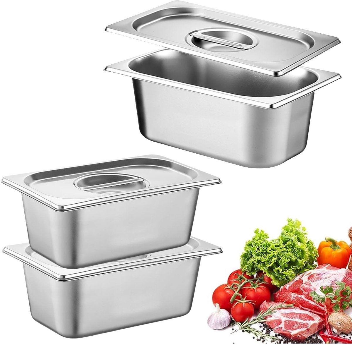 Dailygoods - 3 Stuks Roestvrijstalen Gastronormbakjes met Deksel