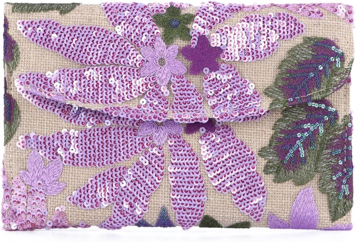 Zomer Clutch Tas voor Dames met Bloemenprint en Pailletten - Vintage Borduurwerk voor Feestelijke Gelegenheden en Bruiloften