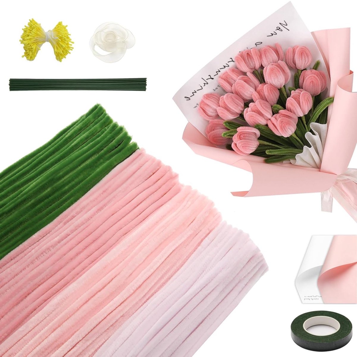 Set van 400 Pijpenragers in 4 Kleuren voor Creatieve Knutselprojecten met Bloemen, Tape en Stempels