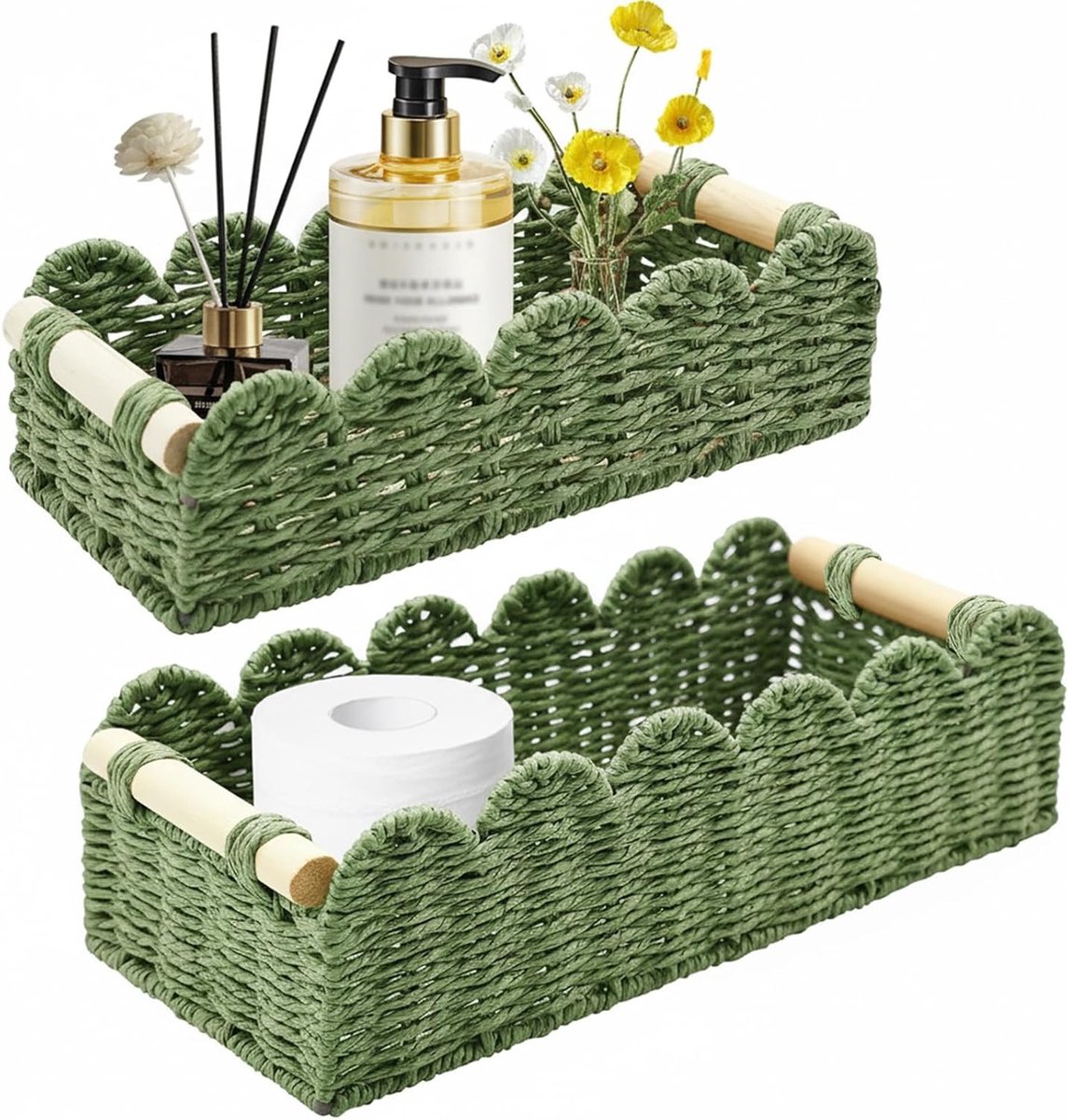 Set van 2 Opbergmanden van Wicker met Houten Handvatten voor Keuken, Badkamer en Kantoor - Decoratieve Opbergdozen voor Planken en Organisatie