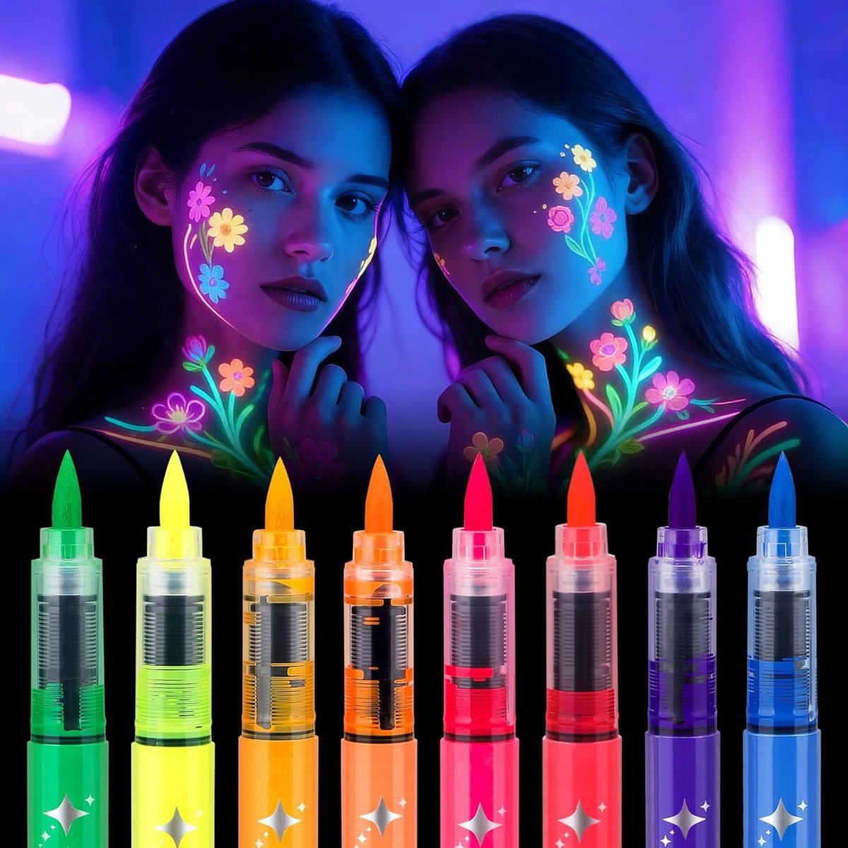 Set van 8 Fluorescerende Kleurpotloden voor Neon Make-up, Glow in the Dark, Gezichts- en Lichaamsverf voor Feesten en Decoratie
