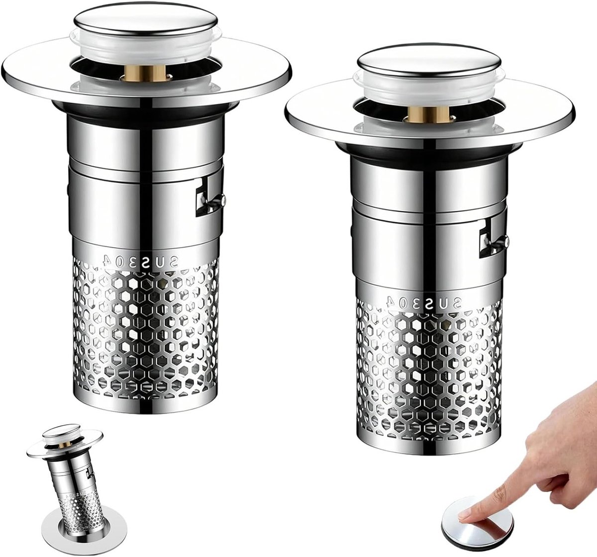 Wastafelstoppen met zeef, 30-40 mm roestvrij staal, pop-up afvoerstop voor keuken en badkamer, 2 stuks set