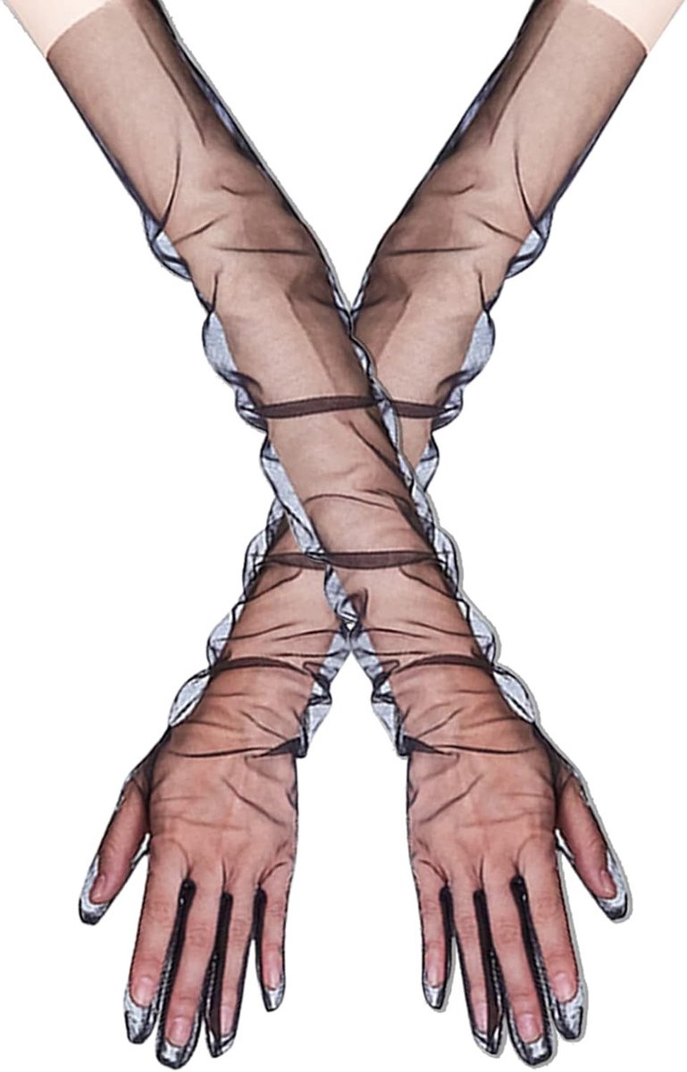Elegante Zwarte Kanten Tulle Handschoenen voor Dames, Volledige Vingerlengte voor Bruiloften, Gala's en Dinners, One Size