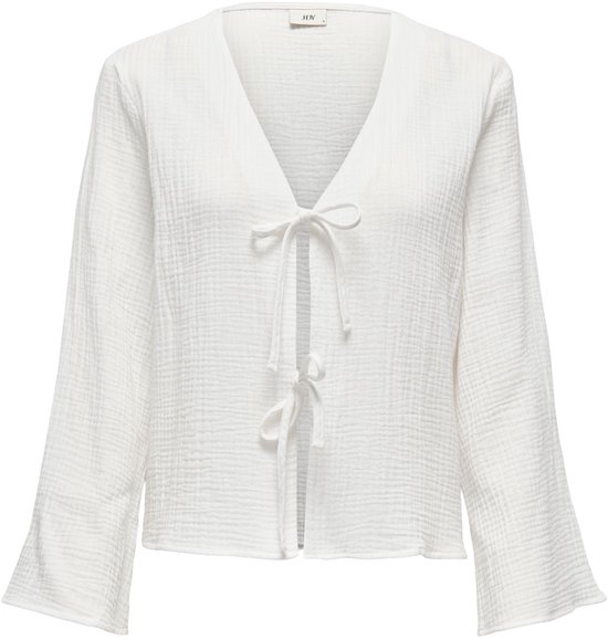 Witte katoenen blouse met V-hals, strikceel aan de voorzijde en wijde mouwen.