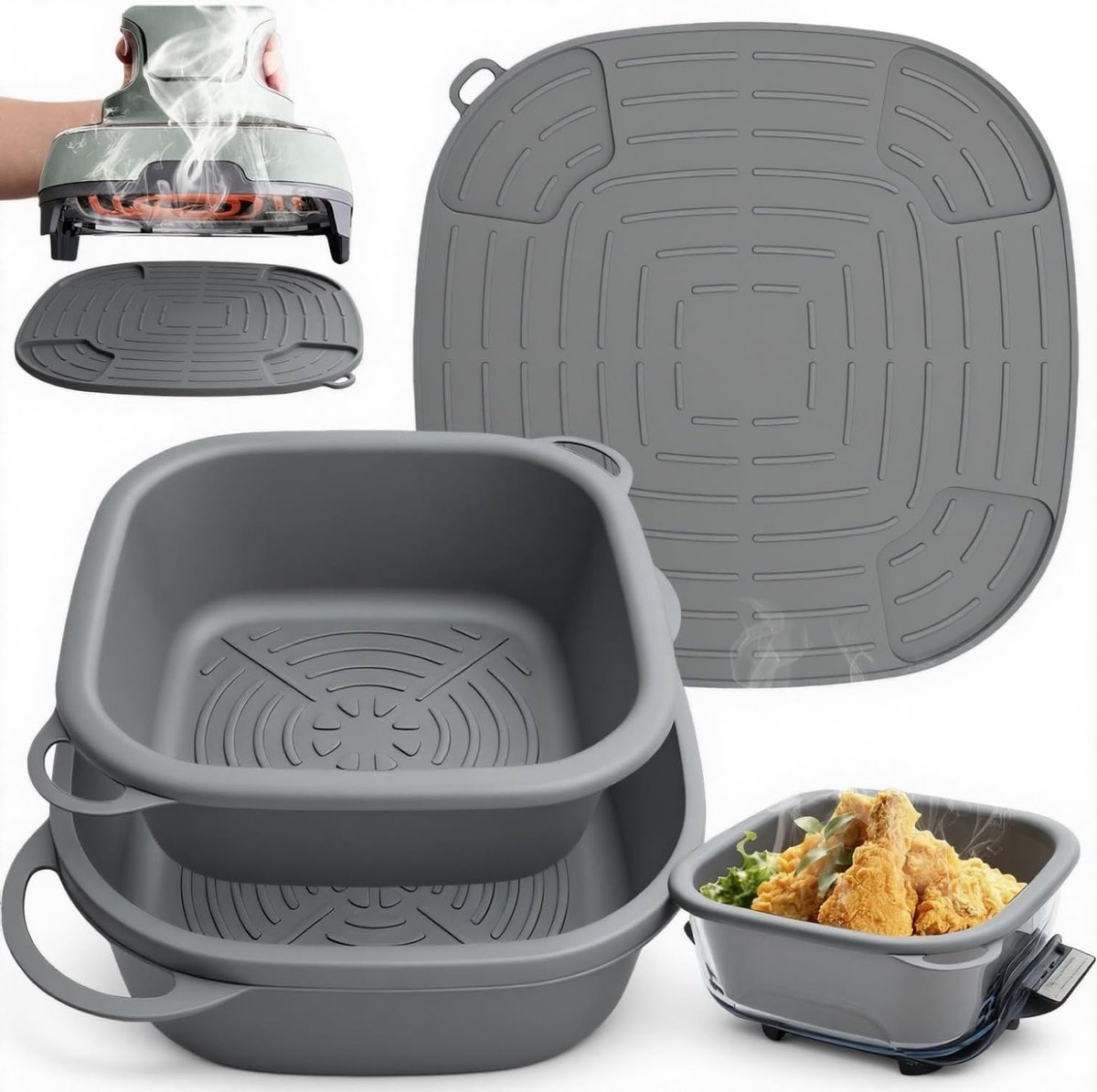 Siliconen Mallen voor Airfryer, Volledig Gesloten Ontwerp, Inclusief 2 Mallen en 1 Isolatiedeken, Geschikt voor Diverse Airfryer Modellen, Koken zonder Olie, Gezond Bakken