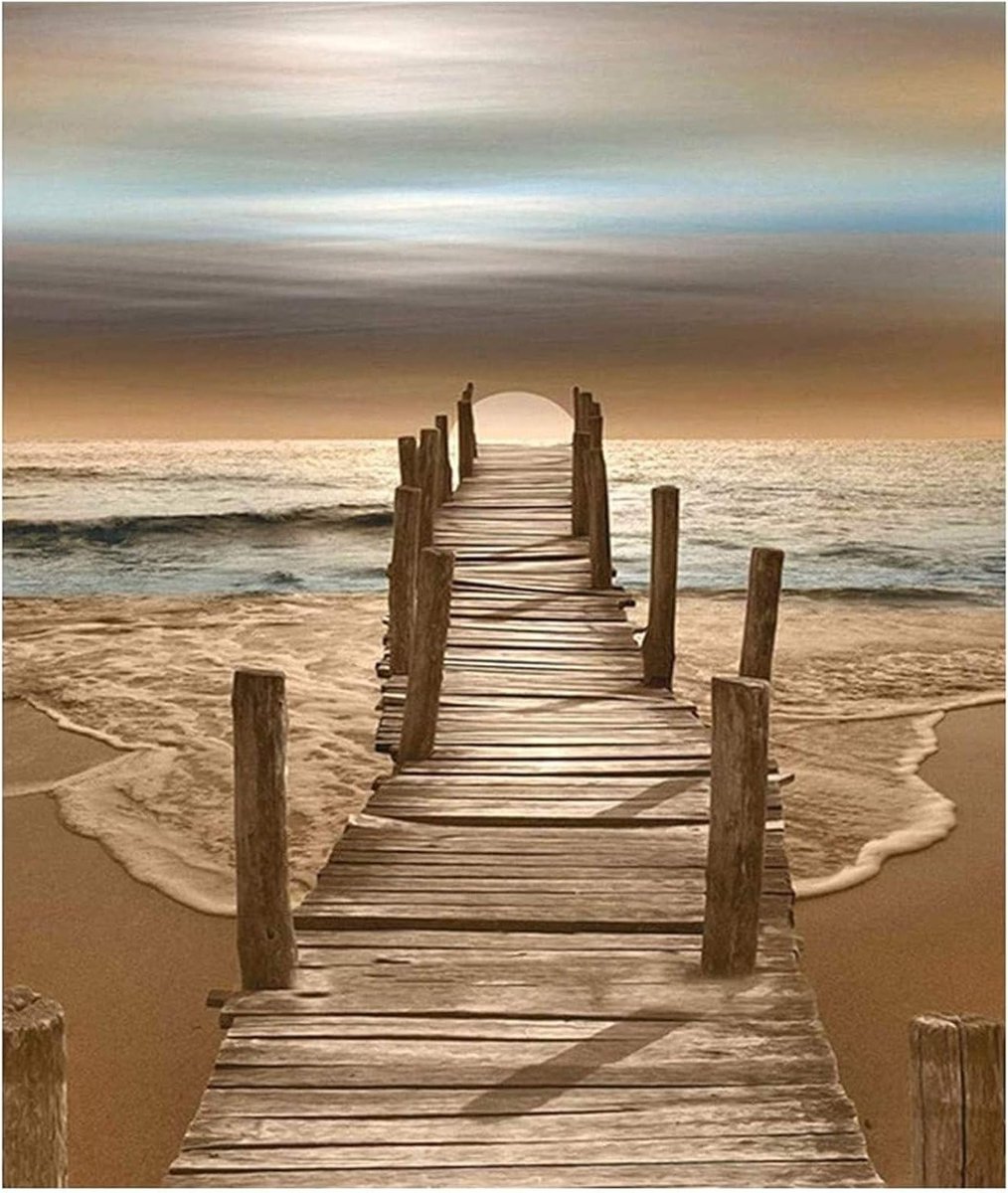 Stationery Schilderij van een Brug bij Zonsondergang op het Strand, DIY Verf op Getallen 16x20 inch voor Wanddecoratie en Creatieve Projecten
