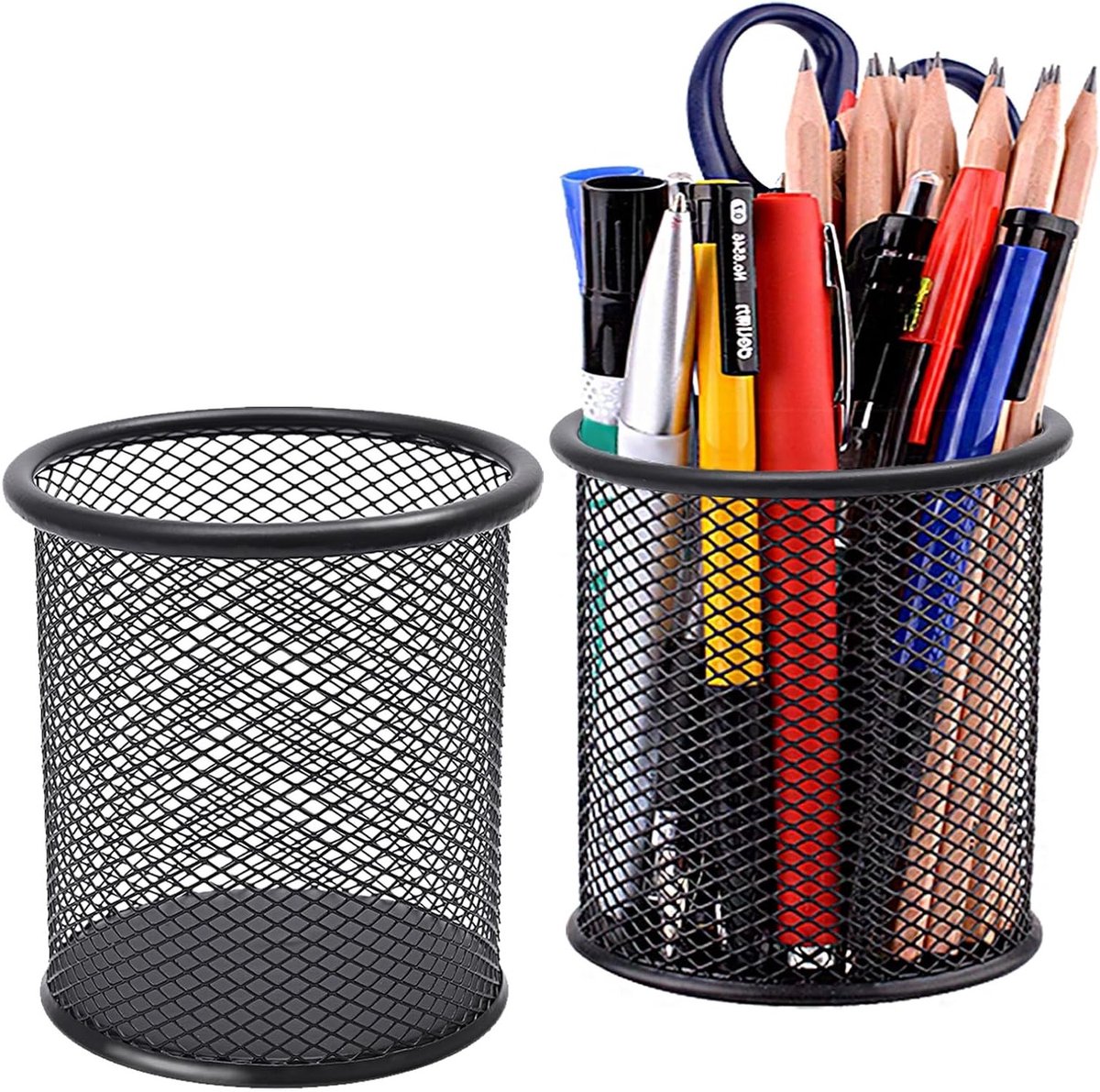 Set van 2 Ronde Pennenhouders van Draadgaas - Desk Organizer voor Kantoor, School en Thuis - Zwart en Functioneel