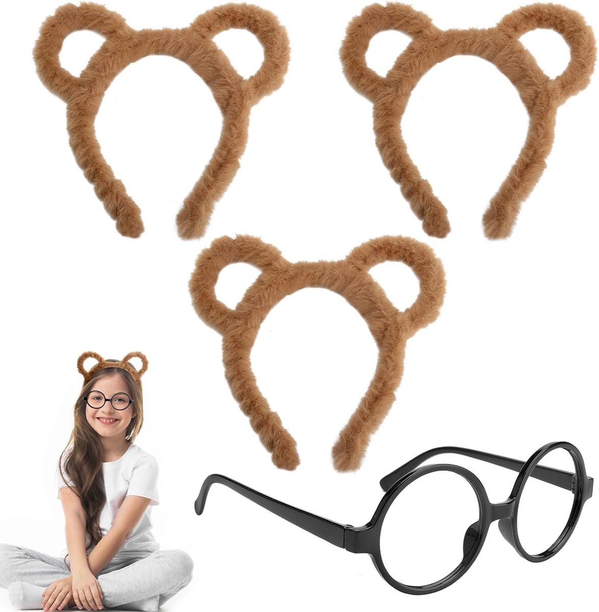 4-delige Set Chipmunks, 3 Hoofdbanden en Brillen met Beeroren voor Halloween en Verjaardagsfeestjes, Schattige Cartoon Kostuumaccessoires