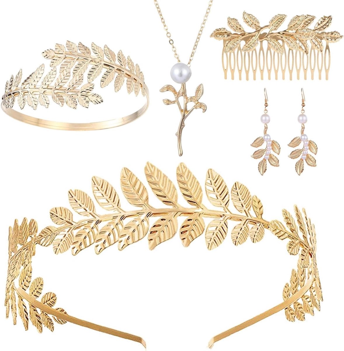 Elegante Gouden Laurellen Hoofdband Set met Armband en Oorbellen voor Griekse Godin Kostuum, Sieraden en Haaraccessoires voor Dames
