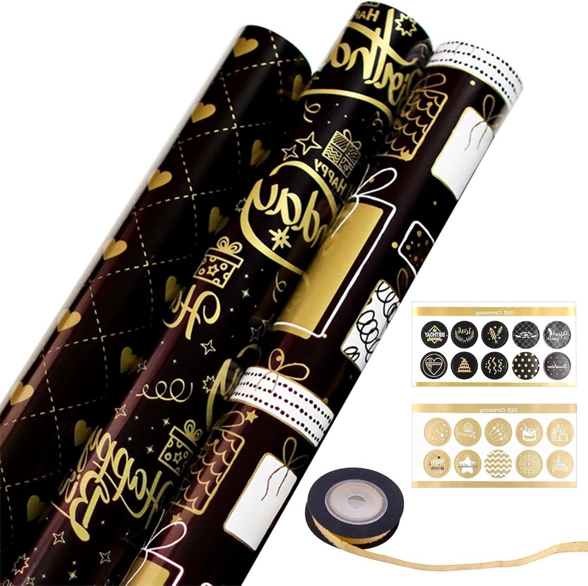 SnelShoppen - Luxe Zwart Gouden Cadeaupapier Set, 6 Vellen 70x50cm, met Lint & Stickers voor Verjaardag, Kerst, Valentijn, Ruimte Design