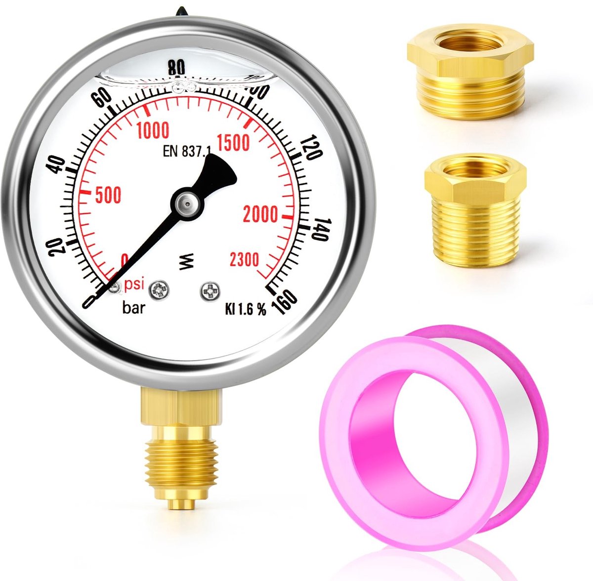 Allecto - Vloeistofgevulde manometer - Drukmeting Bar - Onderbouw model - 1/4" - Meerdere toepassing - Geschikt voor water olie lucht