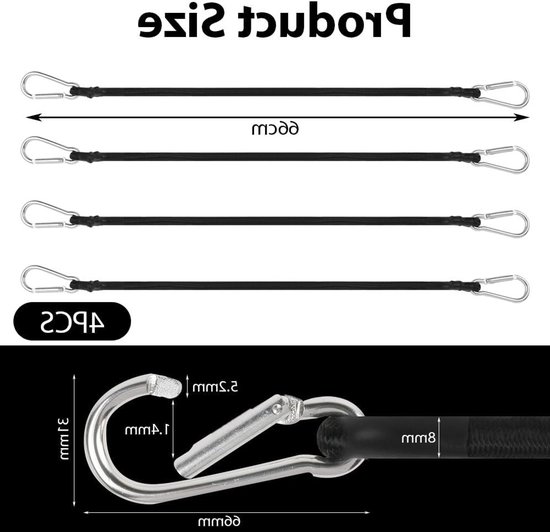 Elastic Bands met Haken - 4 Stuks Bungee Koorden met Stalen Karabijnhaken, Veelzijdige Rubber Tensioners voor Bagage, Cargo en Draaglast, 60 cm Lange Elastische Touwen van Merkloos — afbeelding 5