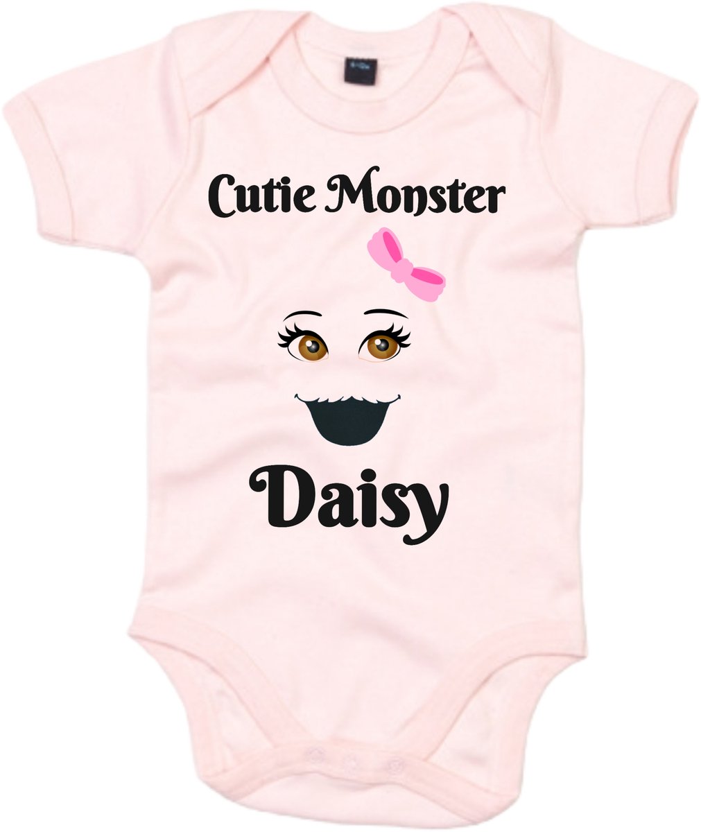 Cutie Monster Romper Gepersonaliseerd - 0-3 Maanden - Licht Roze - kraamcadeau - baby - Gepersonaliseerd met naam
