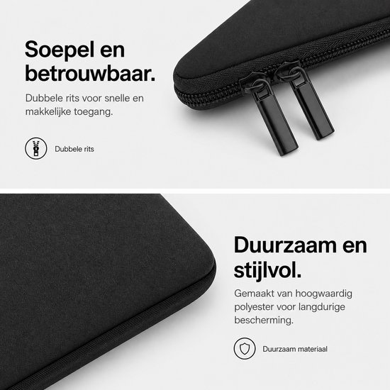 Detail van de dubbele rits van een zwarte laptoptas, en de structuur van het materiaal.
