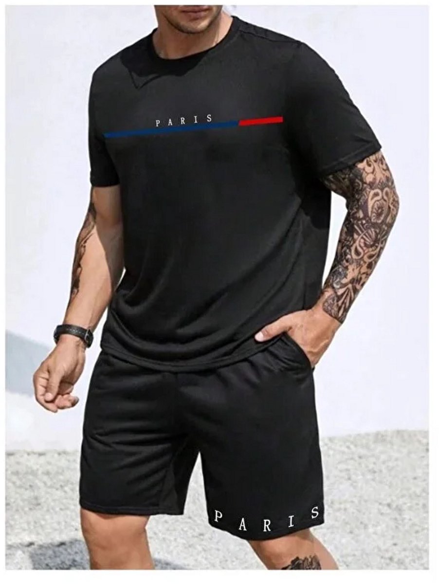 Stijlvol Zwart Heren Sportpak met Modern Paris Design, Ademend en Comfortabel voor Actieve Lifestyle - L-XL