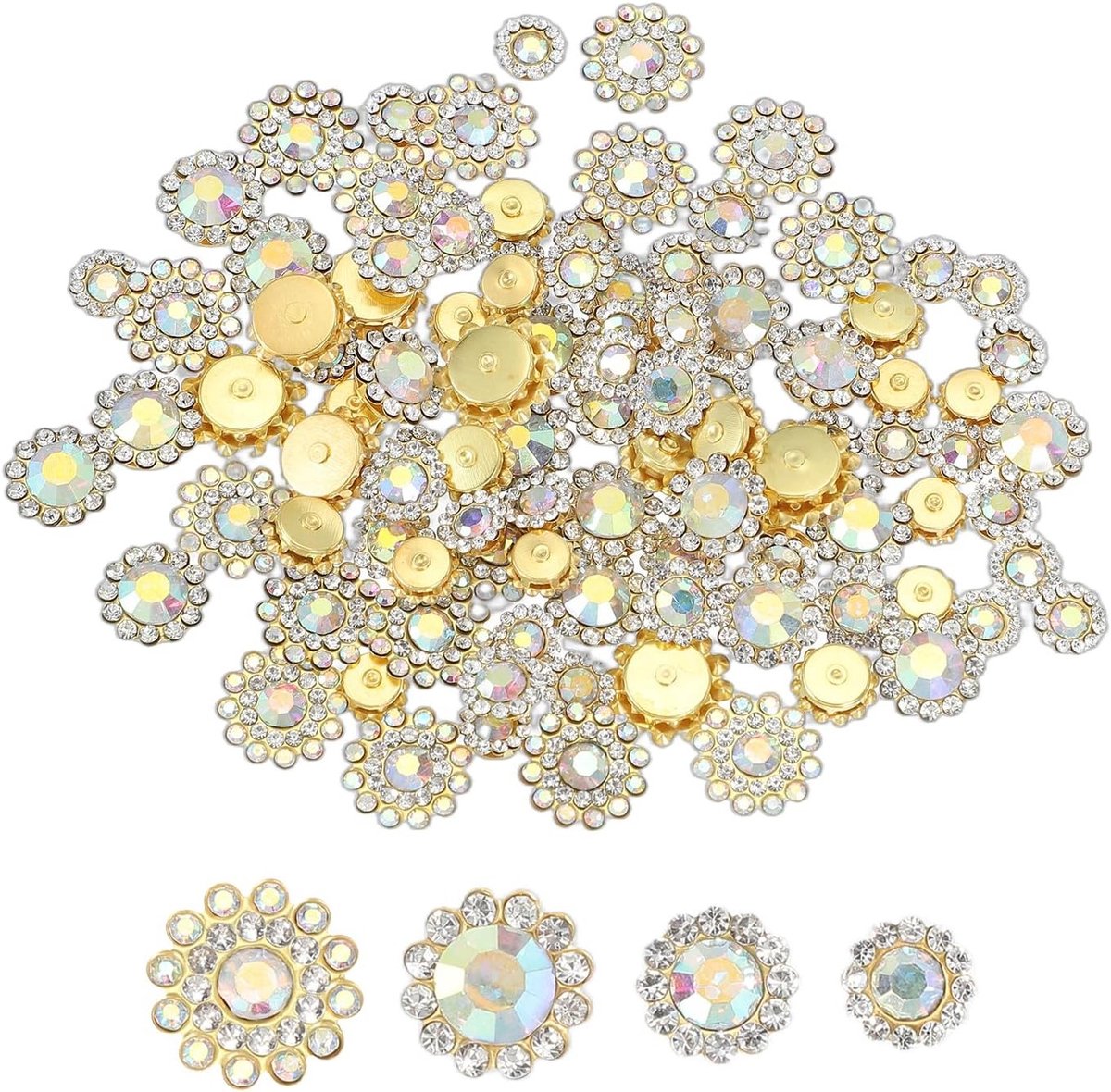 100 Stuks 14mm Naai Rhinestone Kristallen, 3 Laags Bloem Claw Rhinestones voor DIY Kleding, Accessoires en Decoratie in Goud/Kleurrijk