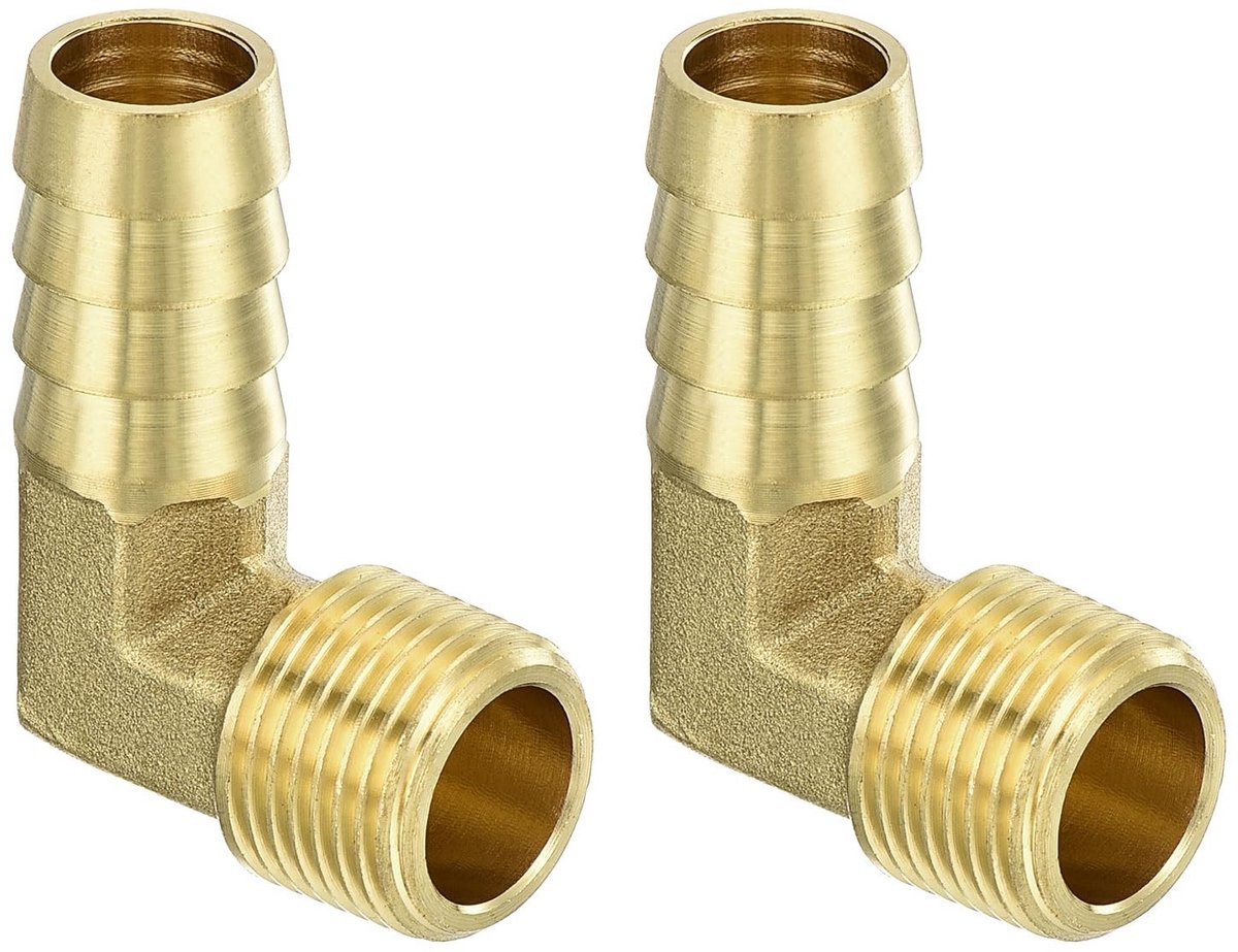 aladdien - Messing Hoekstuk - 90 Graden Verbinding - 1/2 Inch Barb x 3/8 Inch - Goud - Slangtule - Voor Water en Lucht - 2 Stuks