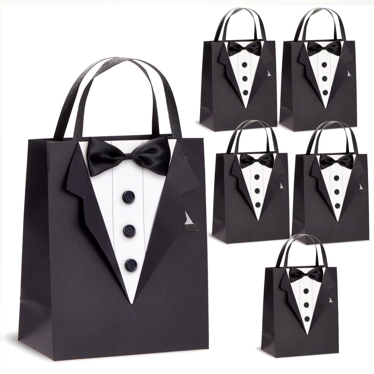 aladdien - Set of 6 Gift Bags - Tuxedo Design - Elegante verpakking - Zwart - Perfect voor bruiloften - Unieke 3D afwerking - Ideaal voor groomsmen