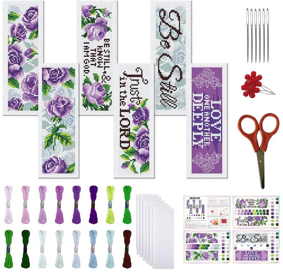 Allecto - Borduurset Boekenleggers - 6-delige Set met Paars Rozenpatroon - Beginners Kit - Borduren - Creatief - Handgemaakt - Uniek Ontwerp